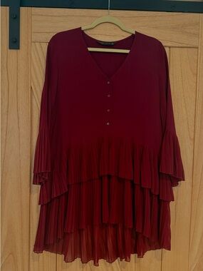 Zara Burgundy Tiered Pleated V-Neck Long Blouse